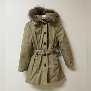 Eddie Bauer khaki down filled Parka with genuine Fur trim,fits women’s size XS/S